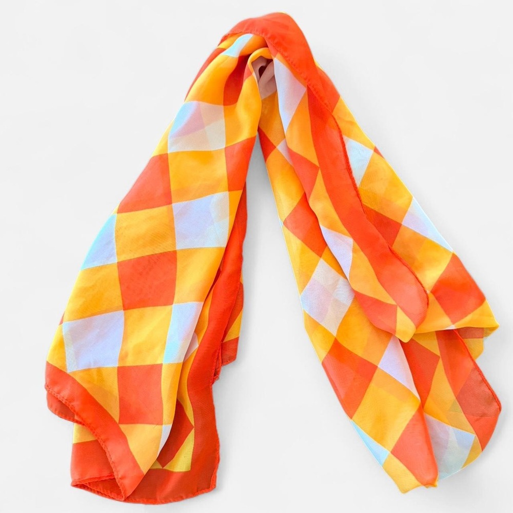 Vintage‎ Style Orange Yellow Harlequin Diamond Print Sheer Rectangle Scarf Mod